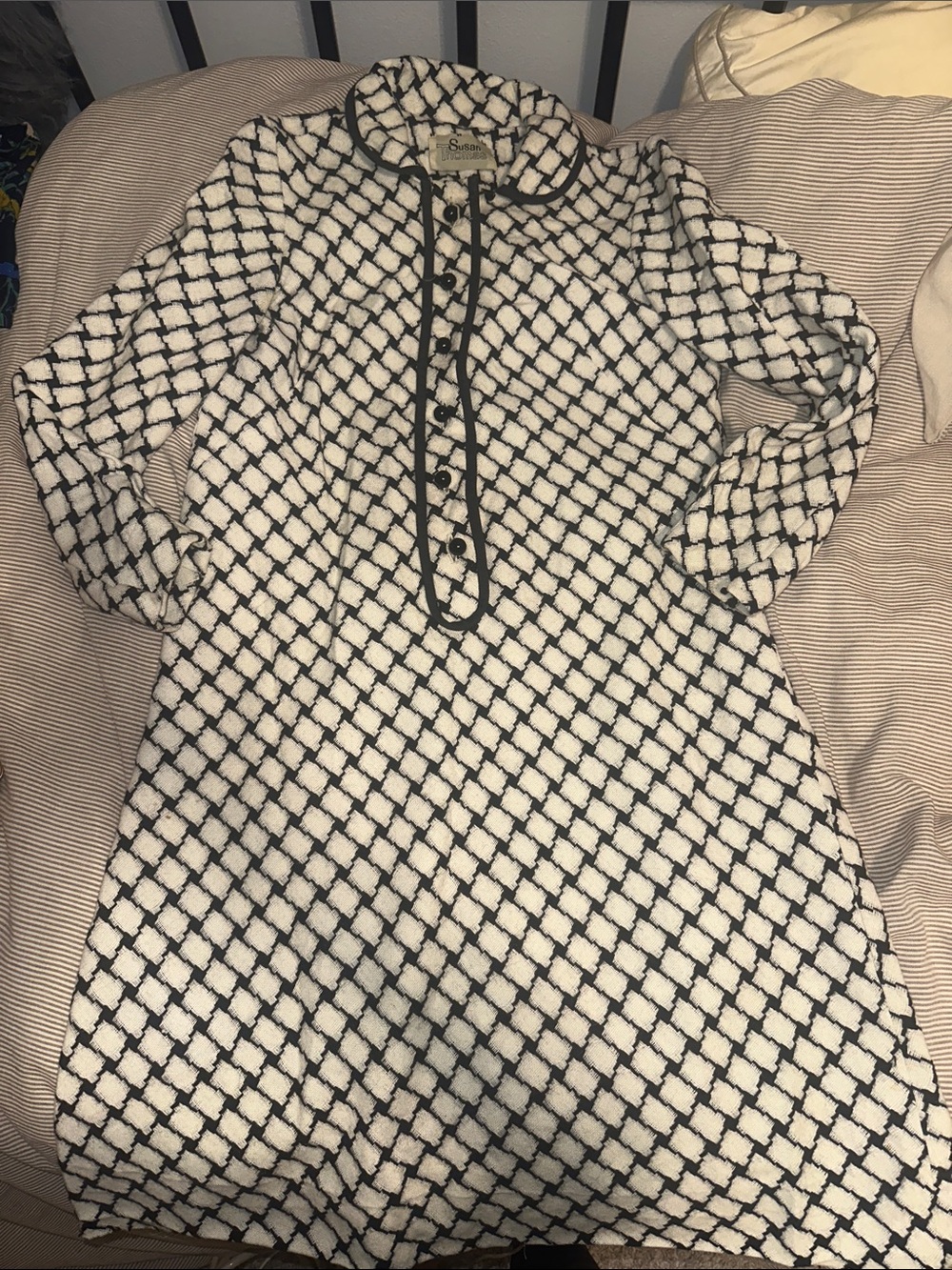 Vintage Black & White Patterned Long Sleeve Dress